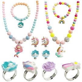 ZOCONE 12/6PCS Rainbow Unicorn Jewellery Sets, Rainbow Mermaid Unicorn Bracelets Necklace Unicorn Rings Kids Jewellery Sets for Girls Friendship Bracelets for Girls Princess Dress Up Jewelry Party (A)