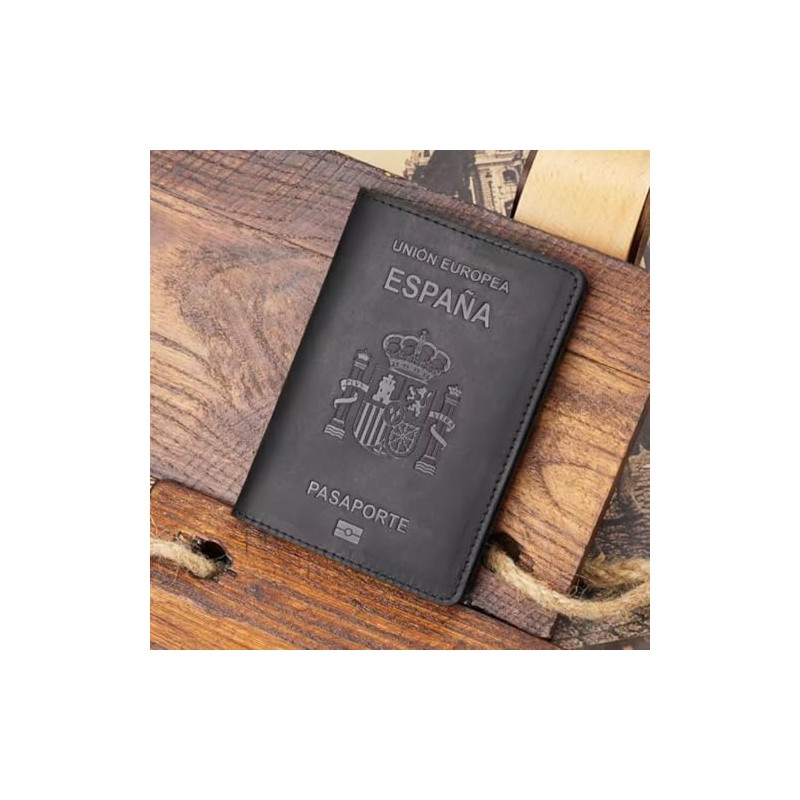 Porta pasaporte español, portadocumentos de piel vaca, tarjetero retro for