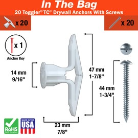 TOGGLER Toggle TC Commercial Drywall Anchor with Screws, Polypropylene, Made in US, 5/8" to 3/4" Grip Range, for #6 to #14 Fastener Sizes (20)