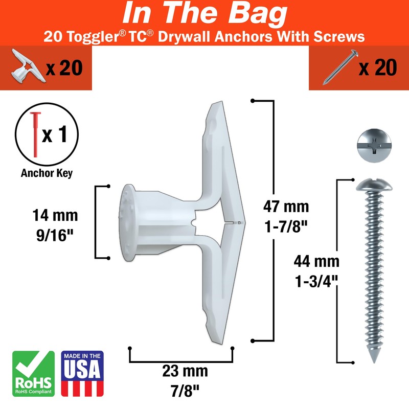 TOGGLER Toggle TC Commercial Drywall Anchor with Screws, Polypropylene, Made