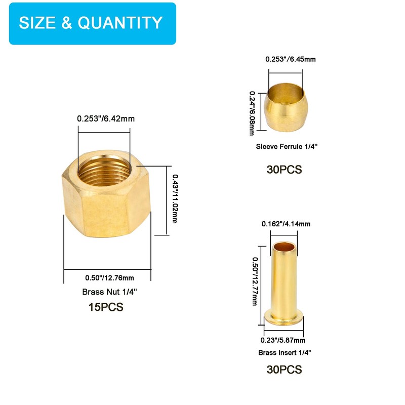 Breezliy 1/4 Inch OD Brass Compression Insert,Sleeve Ferrule,Nut 75PCS