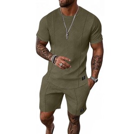 UOUA Mens Short Sets 2 Piece Summer Outfits Casual Short Sleeve Crew-Neck Shirts & Shorts Track Suit Jogging Loungewear Olive XL