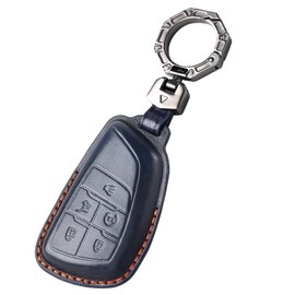 OFF WE GO for Chevy Key Fob Cover, Leather Key Case Keychain Fits for 2021-2024 Chevy Suburban Tahoe Silverado 1500 GMC Yukon Sierra Buick Envision 5 Buttons Remote Key Protection Holder (Blue)