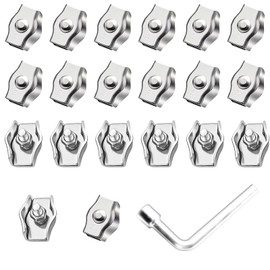 Pack of 20 Wire Rope Clamps M3, 304 Stainless Steel Rope Clamp Set, Wire Rope Clips 3 mm, Cable Clips, Wire Rope Clips Clamp for Steel Cable, Wire Rope, Washing Line, Awning, Fixed, with 7 mm Wrench