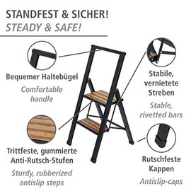 WENKO 2 Step Ladder, Aluminum Folding Step Stool with Wide Brown Anti Slip Steps, Heavy Duty Step Stool, Hold up to 330lbs, Lightweight Indoor Outdoor Ladder, 17.3 x 39.8 x 2.2 in, Black