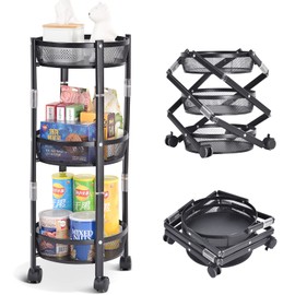 TOOLF 3-Tier Metal Storage Rolling Cart, Foldable Utility Cart on Wheels Assembly-Free, Versatile Serving Organizer Trolley with Lockable Wheels for Kitchen, Living Room, Bathroom, Black
