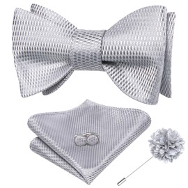 Dubulle Mens Sliver Bow Tie and Lapel Pin Set Self Tied Plaid Checks Bowtie and Handkerchief Cufflinks for Men Suit Set Wedding