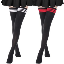DRESHOW 2 Pairs Extra Long Thigh High Socks Long Boot Stockings Striped Over Knee Socks for Women Cotton Leg Warmers
