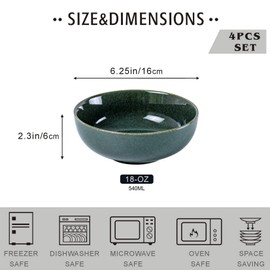 UNICASA Ceramic Cereal Bowls Set, 18 OZ Salads Bowls Set of 4, Dessert Serving Bowl for Soup, Reactive Glaze Ramen Bowls, Microwave Oven and Dishwasher Safe (Teal)