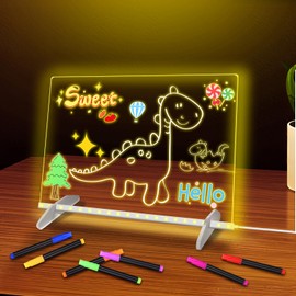 LED Note Board with 7 Colors - 13.8"x10" Acrylic Dry Erase Board with Light, 4 Modes Led Drawing Writing Board for Kids with 7 Marker Pen, Light up Message Board with Stand, Glow Rewritable Memo Board