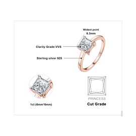 JewelryPalace Princess Cut 1ct Moissanite Solitaire Engagement Rings for Her, 14K Rose Gold Plated 925 Sterling Silver Promise Ring for Women, Anniversary Wedding Ring Jewellery Sets VVS D-F R