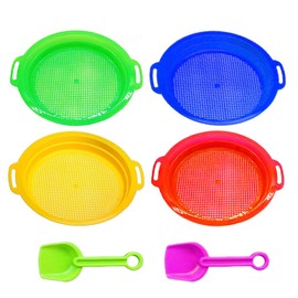 Abiemuce Pack of 4 Beach Sand Sieves, Sand Sieve Children with 2 Shovels, Sand Small Sieve Children, Coloured Fine Sand Sieve for Backyard, Park, Beach, Sand Sieve for Beaches for Boys, Girls