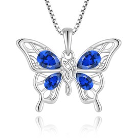 Vemhel Butterfly Necklace 925 Sterling Silver Celtic Knot Pendant Teardrop Birthstone Twisted Jewelry for Women, Sterling Silver, Created Sapphire