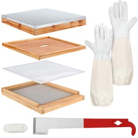 DoubleFill 8 Pcs Beehive Parts Kit for 10 Frame Bee Hive, Telescoping Top Cover Queen Excluder Inner Cover Screened Bottom Board Entrance Reducer Bee Escape Equipment J-Hook Scrape and Gloves(White)