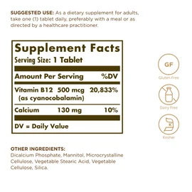 Solgar Vitamin B12 500 mcg - 100 Tablets - Vegan, Gluten Free, Dairy Free, Kosher - 100 Servings