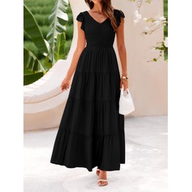 MASCOMODA Womens Summer Maxi Dress Casual V Neck Cap Sleeve Smocked Dresses Ruffle Tiered Beach Party Long Flowy Sundresses(Black,Small)