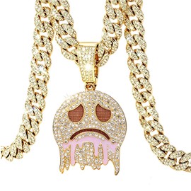 Xikui Happy/Sad Face Cuban Hip-hop Chain, Rhinestone Pendant Necklace, Ice Out Jewelry For Men Women, Men's Fashion Costume (gold-plated sad)