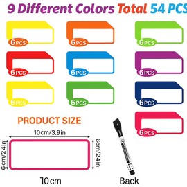Magnetic Labels 54 Pack Reusable Dry Erase Magnetic Name Tags with 1 Dry Erase Marker, 3.2x1.2 Inch, Full Magnetic Backing, Writable Magnetic Strips for Whiteboard, Refrigerator, Locker, Cab