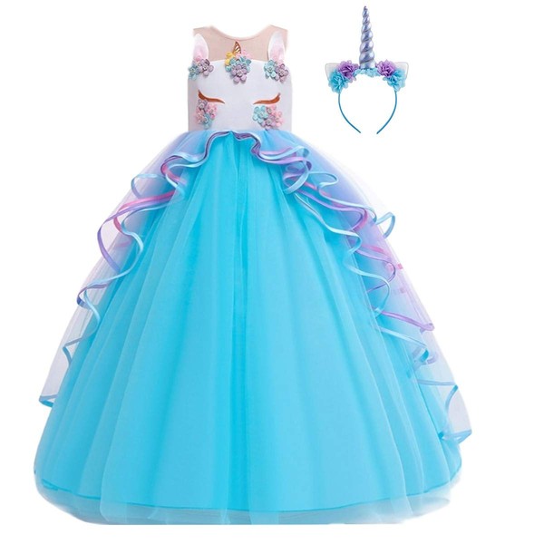 HIHCBF Girls Unicorn Costume Pageant Princess Party Dress Wedding Birthday Halloween Carnival Long Maxi Gown w/Headband Blue 8-9T