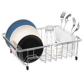 iPEGTOP Expandable Deep & Large Dish Drying Rack, Over the Sink, In Sink Or On Counter Dish Drainer with White Removable Utensil Silverware Holder, Rustproof Stainless Steel