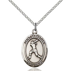 Bonyak Jewelry Saint Medal Collection Sterling Silver St. Sebastian/Softball Pendant 3/4 x 1/2 inches with Sterling Silver Lite Curb Chain