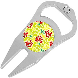NewCharms Green and Red Flower Pattern Golf Ball Marker Divot Repair Tool Bottle Opener