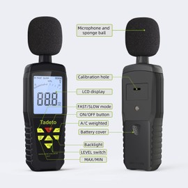 Decibel Meter, Tadeto Digital Sound Level Meter Portable SPL Meter 30dB to 130dB(5 Measurement Range) Backlight LCD Display, MAX/MIN Noise Measurement, Audible and Visual Alarms,Data Hold, A/C Mode