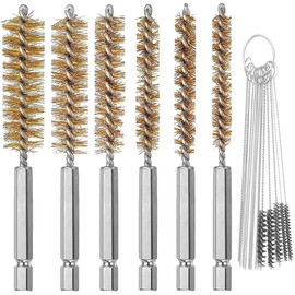 6 Pieces Brass Bore Brush in Different Sizes + 15 Pcs Cleaning Needles Nylon Brushes Tools, Twisted Wire Brush with Handle 1/4 Inch Hex Shank Attachment Drill Set for Tubes Ports Bearings