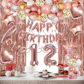 Miidenks 12th Birthday Decorations for Girls, Rose Gold Happy 12 Birthday Balloons Supplies Includes Banner, Fringe Curtains, Foil Balloons, Hanging Swirls