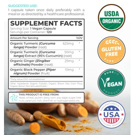 Organic Turmeric Ginger Black Pepper Supplement - High Potency Organic Turmeric Curcumin Capsules with Ginger & Black Pepper for Enhanced Benefits and Absorption - Vegan & Non-GMO (2 Month Supply)