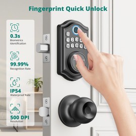 AkaGear DS10 Keyless Entry Door Lock, Fingerprint, Exterior Door Knob Handle, 2 Keys, Electronic Keypad, One-time Code, Smart Locks for Front Door, Bedroom, Auto-Lock, Easy Installation