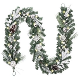 Valery Madelyn 9 feet Pre-Lit Christmas Garland with Lights for Mantle, Lighted Battery Operated Xmas Garland with Silver White Balls Snowflake for Front Door Fireplace Table Centerpiece Outdoor Decor