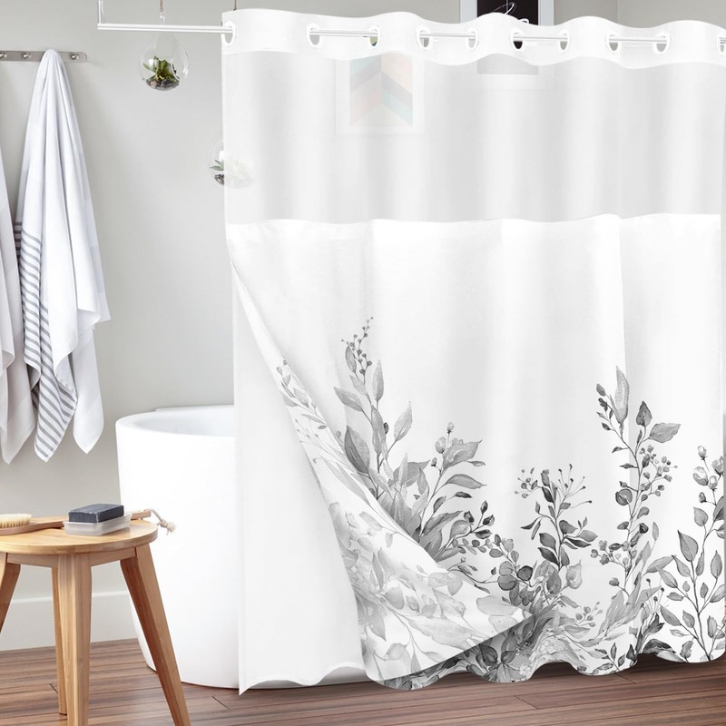 Tititex No Hooks Snap in Liner Grey Eucalyptus Leaves Shower