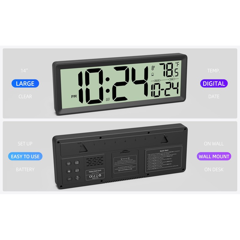 14" Large Digital Wall Clock Battery-Operated with Temperature, Date, DST