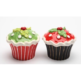Cosmos Gifts 61829 Fine Ceramic Christmas Cupcake Holly Berry and Leaves Cupcake Designs Salt and Pepper Shakers Set, 2-5/8" H