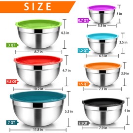 TeamFar Mixing Bowls with Lids Set of 7, Stainless Steel Nesting Mixing Bowls Set with 16 PCS Kitchen Utensils for Prepping Mixing Serving, 7, 4.5, 3, 2.5, 1.5, 1.2, 0.7 QT, Colorful
