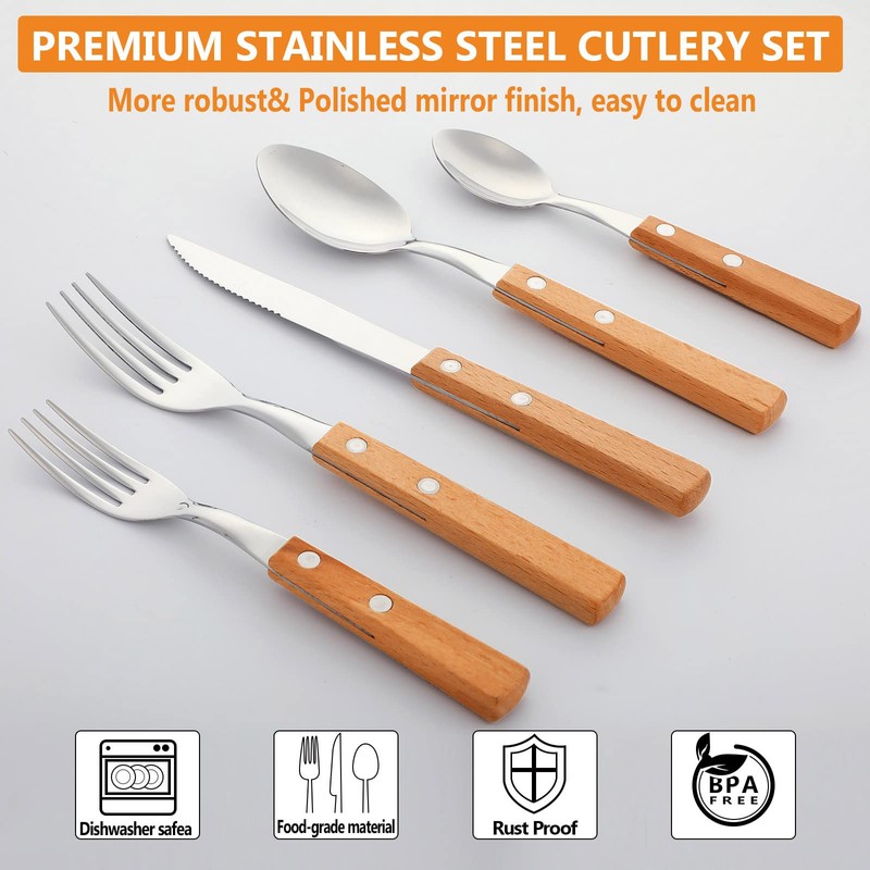 40 Pcs Wooden Handle Silverware Cutlery Set Walnut Handle 18/8