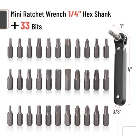 Bates- Mini Ratchet Set, 34 pcs, Cr-V Steel, 1/4" Low Profile Right Angle Screwdriver, 1/4 Bit Set, Red Storage Box, Screwdriver Bit Sets