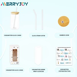 MerryJoy 8 PACK Sublimation Glass Blanks With Bamboo Lid,16 OZ Clear Glass Cups With Lids And Glass Straws,Sublimation Glass Can,Sublimation Glass Blanks For Iced Coffee,Juice,Soda,Drinks,Beer