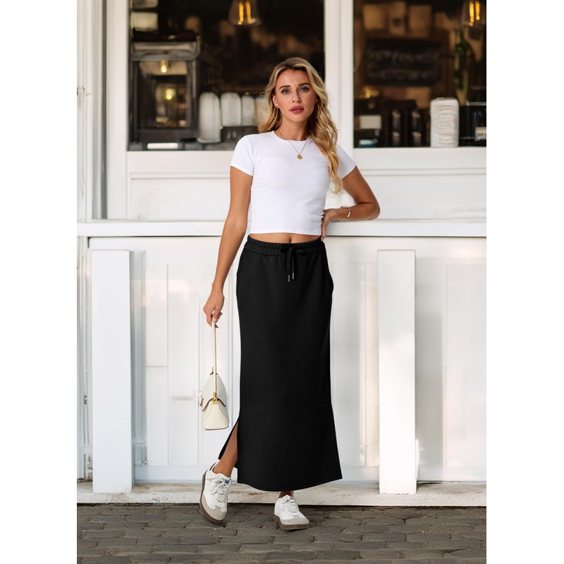 Lepunuo Casual Sweat Skirts Womens High Waist Summer Drawstring Slit