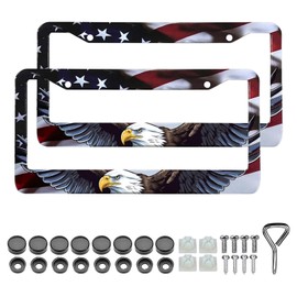 LIN KANG American Flag Eagle License Plate Frame Holder - 2 Pack Patriotic Universal Aluminum Matte Stripe US Flag Gloss Car Plate Frame Covers with Screws Fasteners Caps