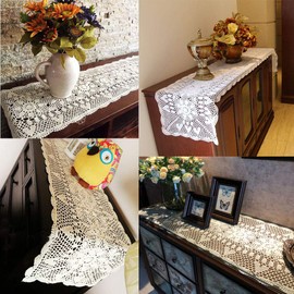 KEPSWET Sunflower Rectangle Handmade Crochet Lace Table Runner Floral Wedding Decoration (14x60 inch, White)