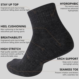RTZAT Merino Wool Ankle Socks for Men and Women - Moisture-Wicking, Breathable, Arch Support, Padded Workout Hiking Socks for Year-Round Wear, X-Large, Black/Coffee/Grey, 3 Paris