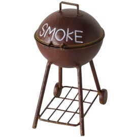 Smoke Ashtray, Lidded Dome, Pedestal Base, BBQ Grill Party Style, Antique Brown Lacquered Iron, 9.5 Inches