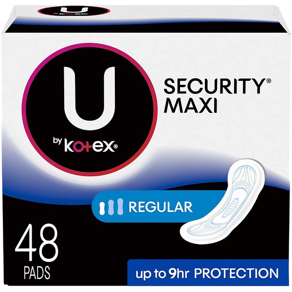 U by Kotex Security Maxi Feminine Pads, Regular Absorbency, Unscented, 192 Count (4 Packs of 48) (Packaging May Vary)