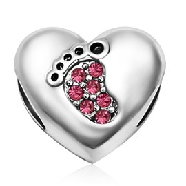 JMQJewelry Christmas Valentine Mother Day 2024 Footprints Pink Heart Love Birthstone Birthday October Womens Beads Charm for Bracelet