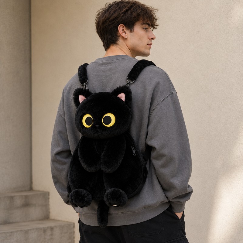Black Cat Plush Backpack for Everyday Carry – Big-Eye Kawaii