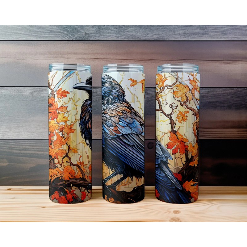 Handmade Autumn Raven 20 oz Tumbler – Fall Leaves &