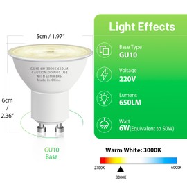 GU10 Led Bulb 6W Equivalent 50W, MR16 Led Bulb 3000K Soft White Light Bulbs, 650 Lumens, Non-Dimmable, GU10 Base, 2 Prong Track Energy Saving Light Bulbs for Kitchen, Living Room, Bedroom, 20 Pack