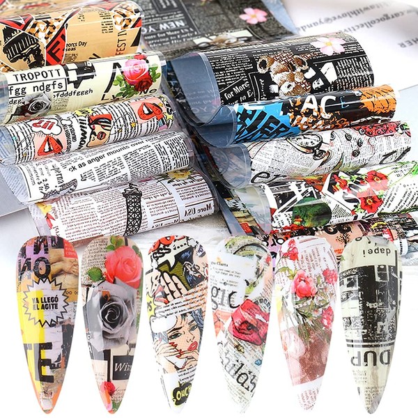 Retro Newspaper Nail Art Foil Transfer Stickers,Nail Art Supplies Holographic Nail Foil Flower Decals English Letters Butterfly Cool Romantic Punk Designs for Woman Manicure Decorations 10PCS
